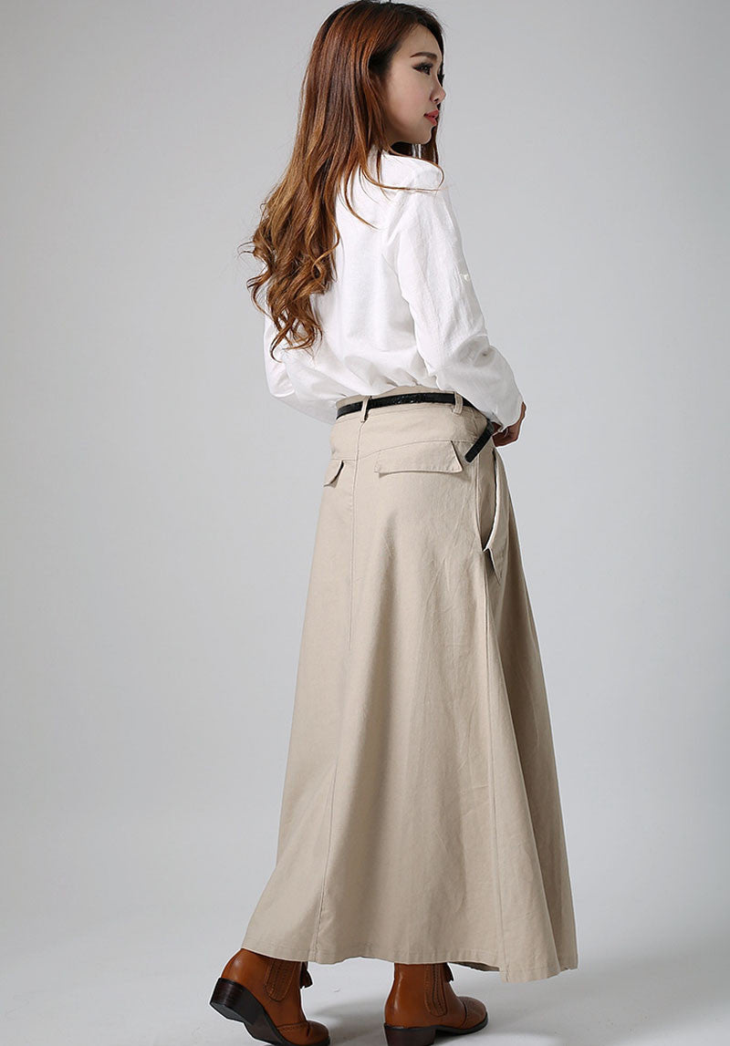 Khaki Linen Cotton Blend Maxi Skirt - Pleated Waist with Flap Pocket Detail 903