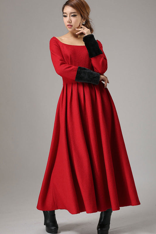 Red Wool Maxi Dress - Wide Neckline Fur Cuff Detail | Xiaolizi 737