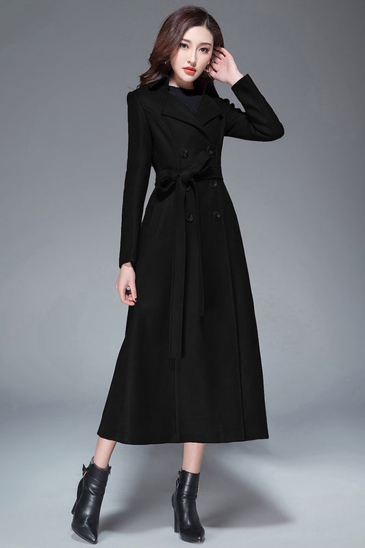 Handmade Light Gray Wool Coat – Elegant Double-Breasted Belted Long Overcoat | Xiaolizi 3985