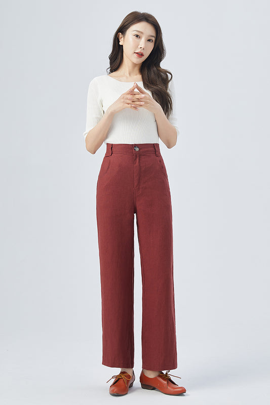 Red Linen Wide-Leg Pants - High Waist Straight Cut | Xiaolizi 4156