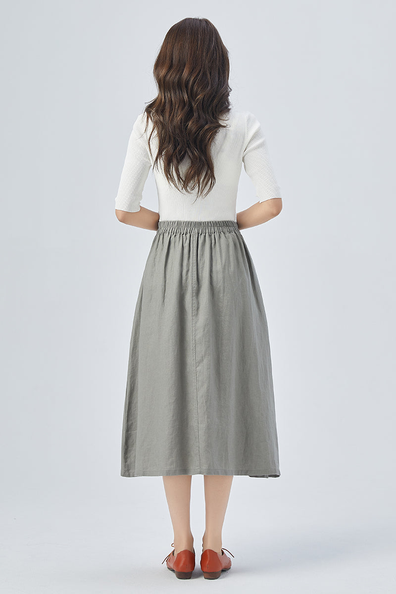 Women Gray Linen Midi Skirt 4152