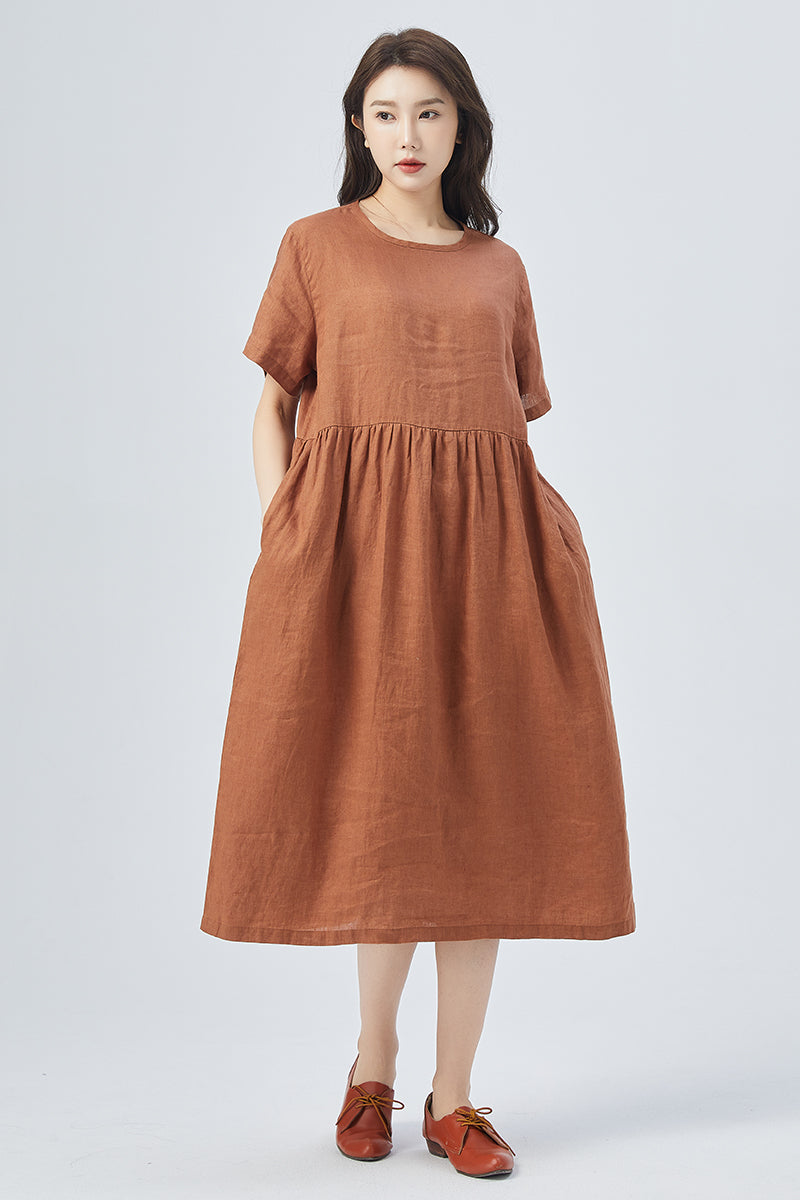 Women Short Sleeves Linen Dress 4158 Women Short Sleeves Linen Dress 4158