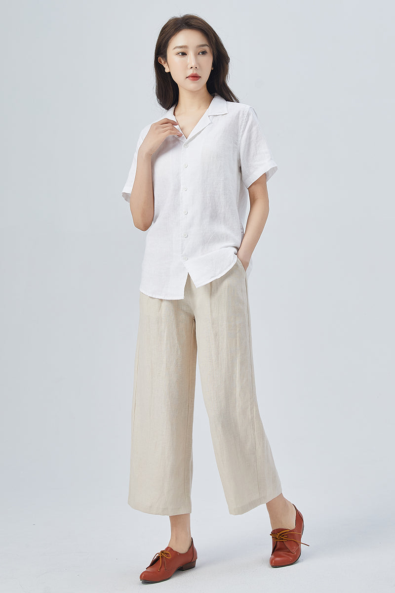 White Linen Shirt – Handmade Short Sleeve Summer Blouse | Xiaolizi 4148