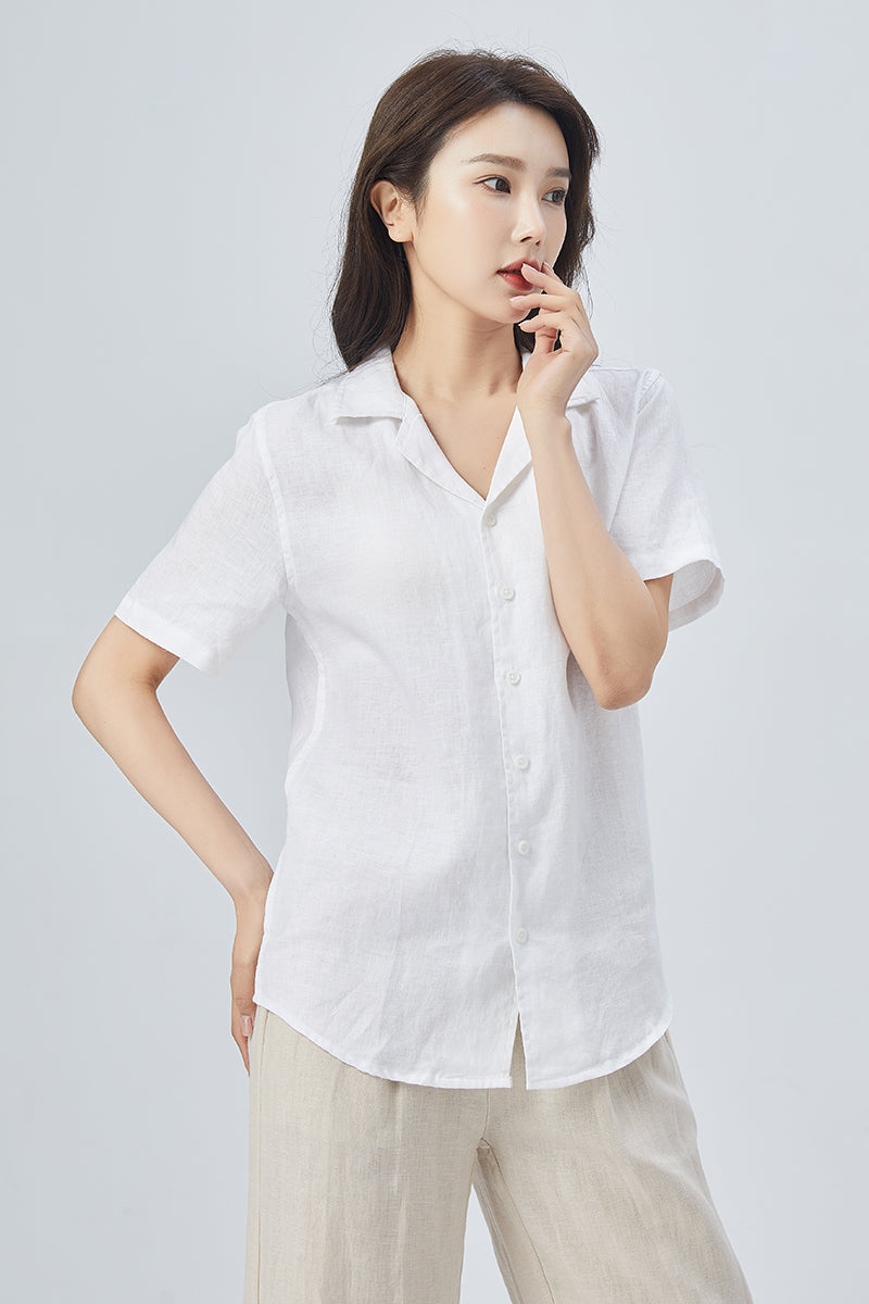 White Linen Shirt – Handmade Short Sleeve Summer Blouse White Linen Shirt – Handmade Short Sleeve Summer Blouse