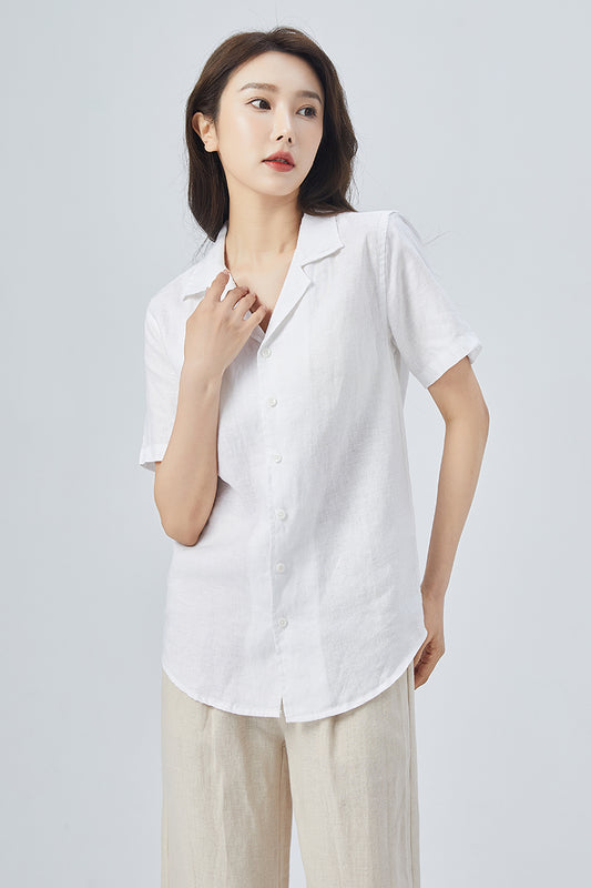 White Linen Shirt – Handmade Short Sleeve Summer Blouse | Xiaolizi 4148