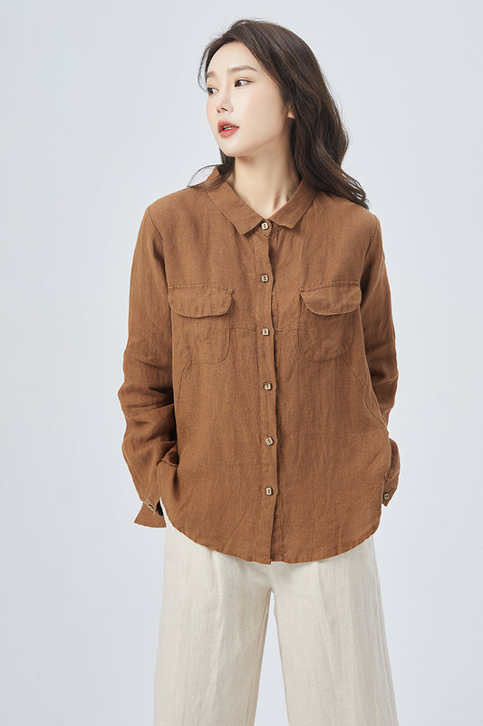 Brown Long Sleeve Linen Shirt 4159