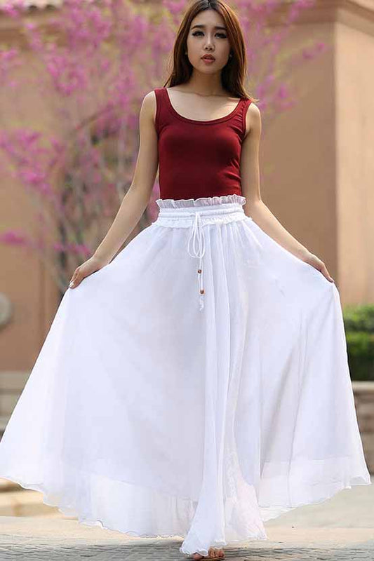 White Chiffon Maxi Skirt - Elastic Waist Ruffle Detail 944