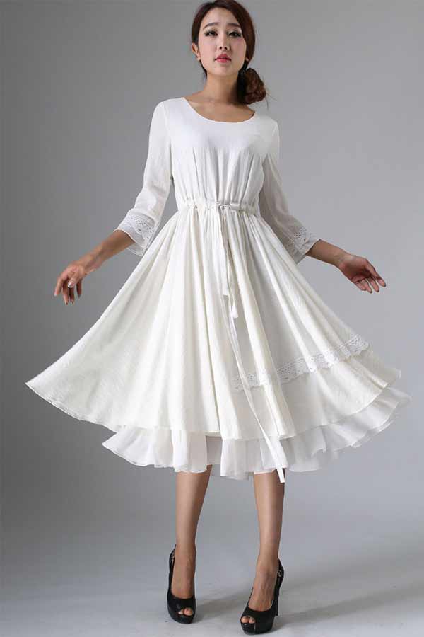 Women's White Drawstring waisted white Linen Bridal Dress 0960#