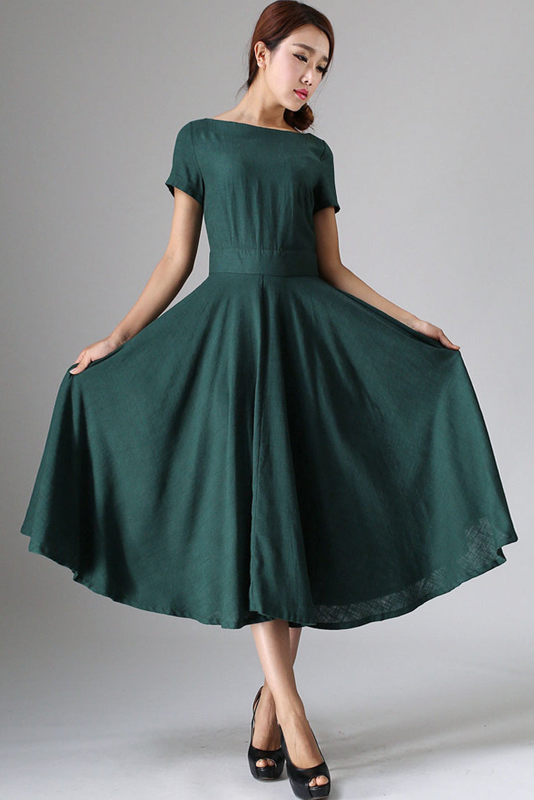 Vintage Linen Cotton Midi Dress Elegant Fit & Flare | Xiaolizi Vintage Linen Cotton Midi Dress Elegant Fit & Flare | Xiaolizi