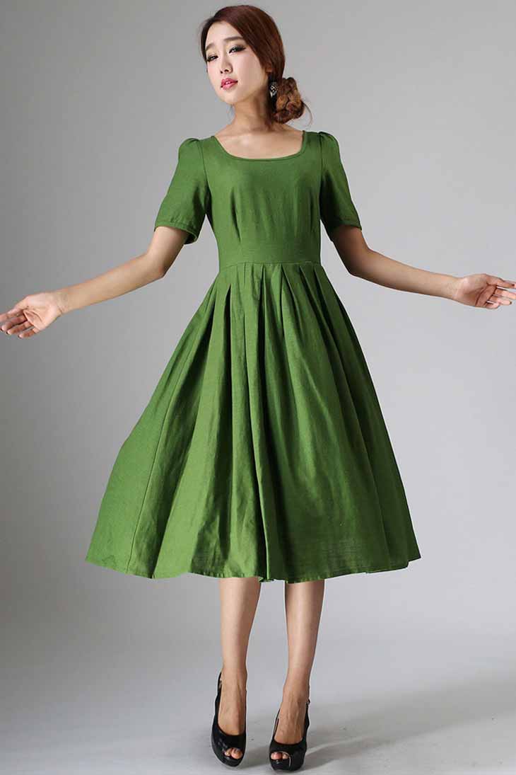 Forest Green Linen Dress - Fit and Flare Pleated Silhouette 973
