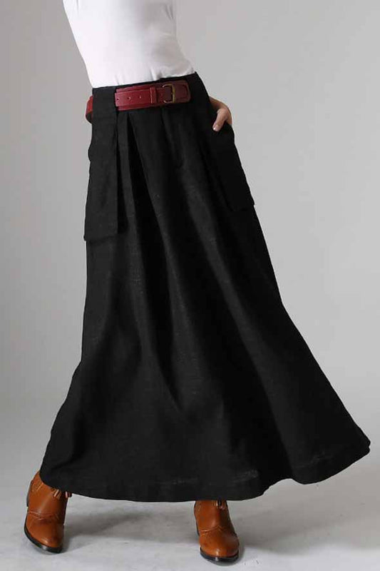 Black linen maxi skirt with Big Pocket Detail 0979#