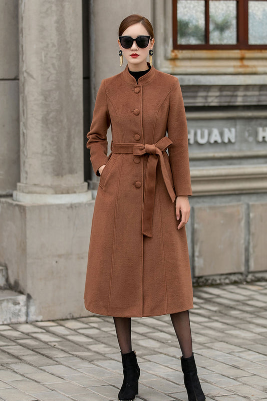 Camel Wool Coat – Handmade Stand Collar Winter Midi with Belt | Xiaolizi 3144