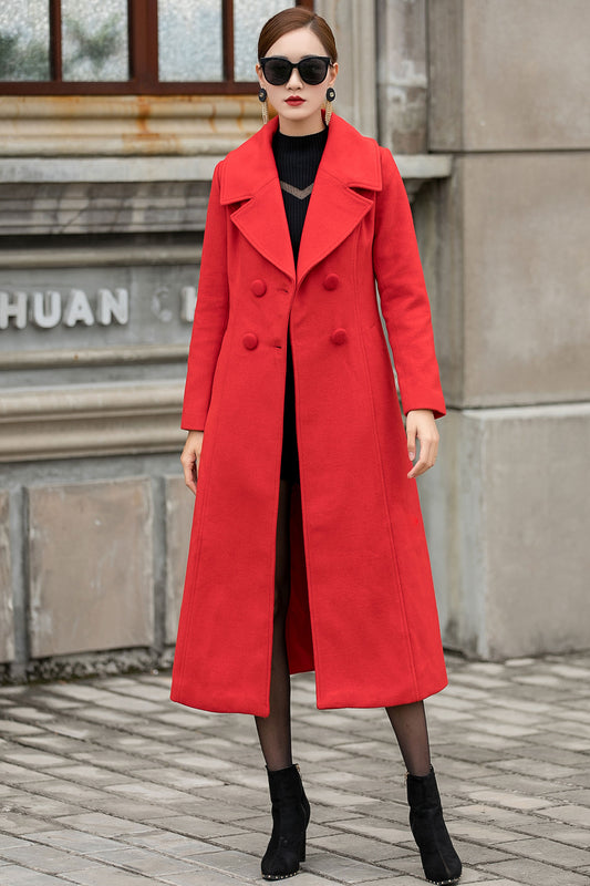 Handmade Red Wool Coat – Vintage Double Breasted Long Winter Overcoat | Xiaolizi 3145