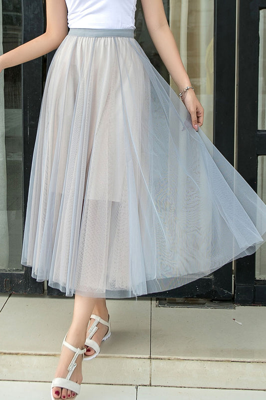 Light Grey Chiffon Midi Skirt - High Waisted, Elastic Waistband 2917