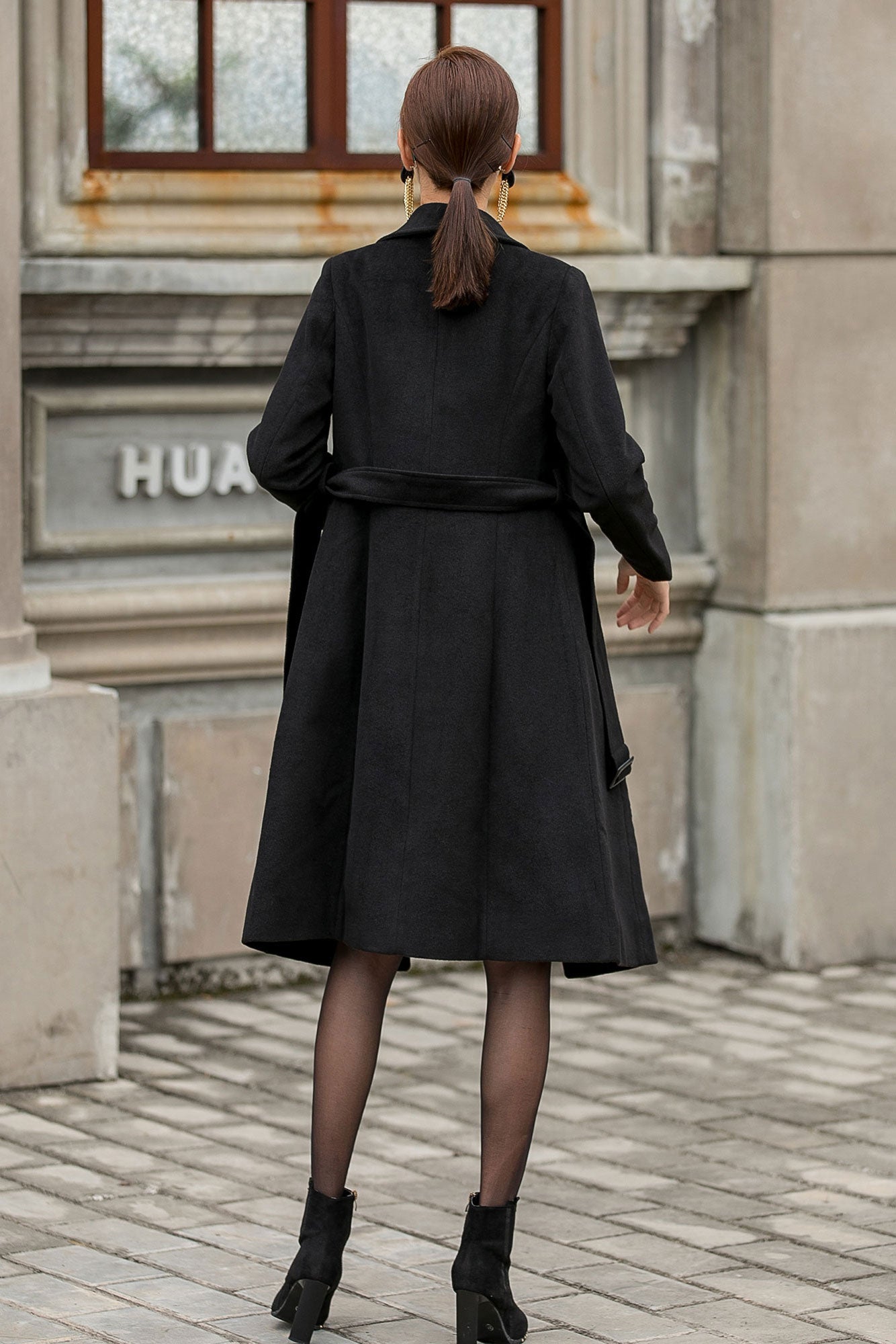 Black Belted Wool Coat Women 3146