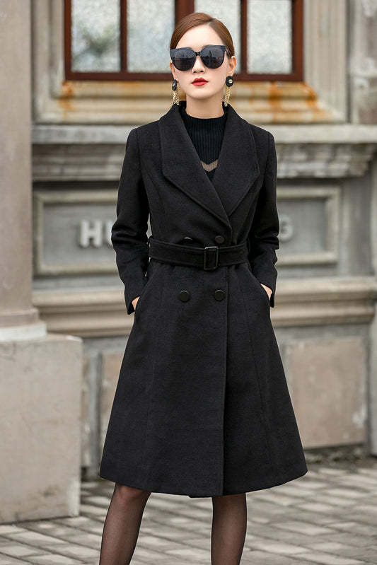 Black Belted Wool Coat Women 3146
