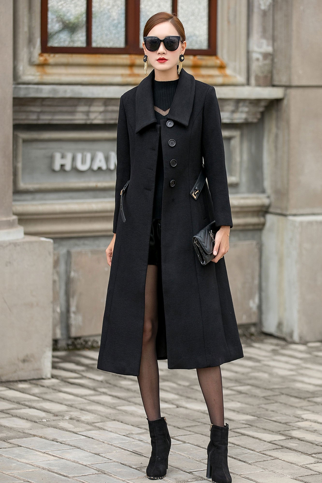 Classic Black Wool Blend Coat – Warm Notch-Lapel Midi Winter Coat, Chic Tailored Fit 3147