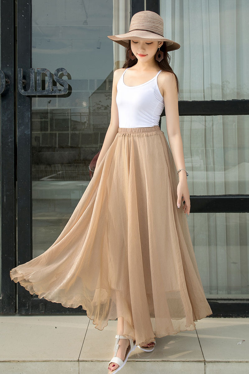 Khaki Chiffon Circle Skirt - Elastic Waist, Big Swing 2916