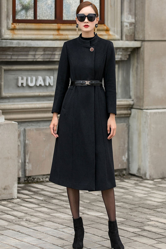 Black Wool Blend Long Coat - Stand Collar A-Line Silhouette 314801