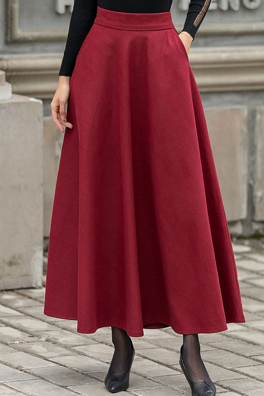 Vintage Inspired Burgundy Winter Maxi Wool Skirt 3150
