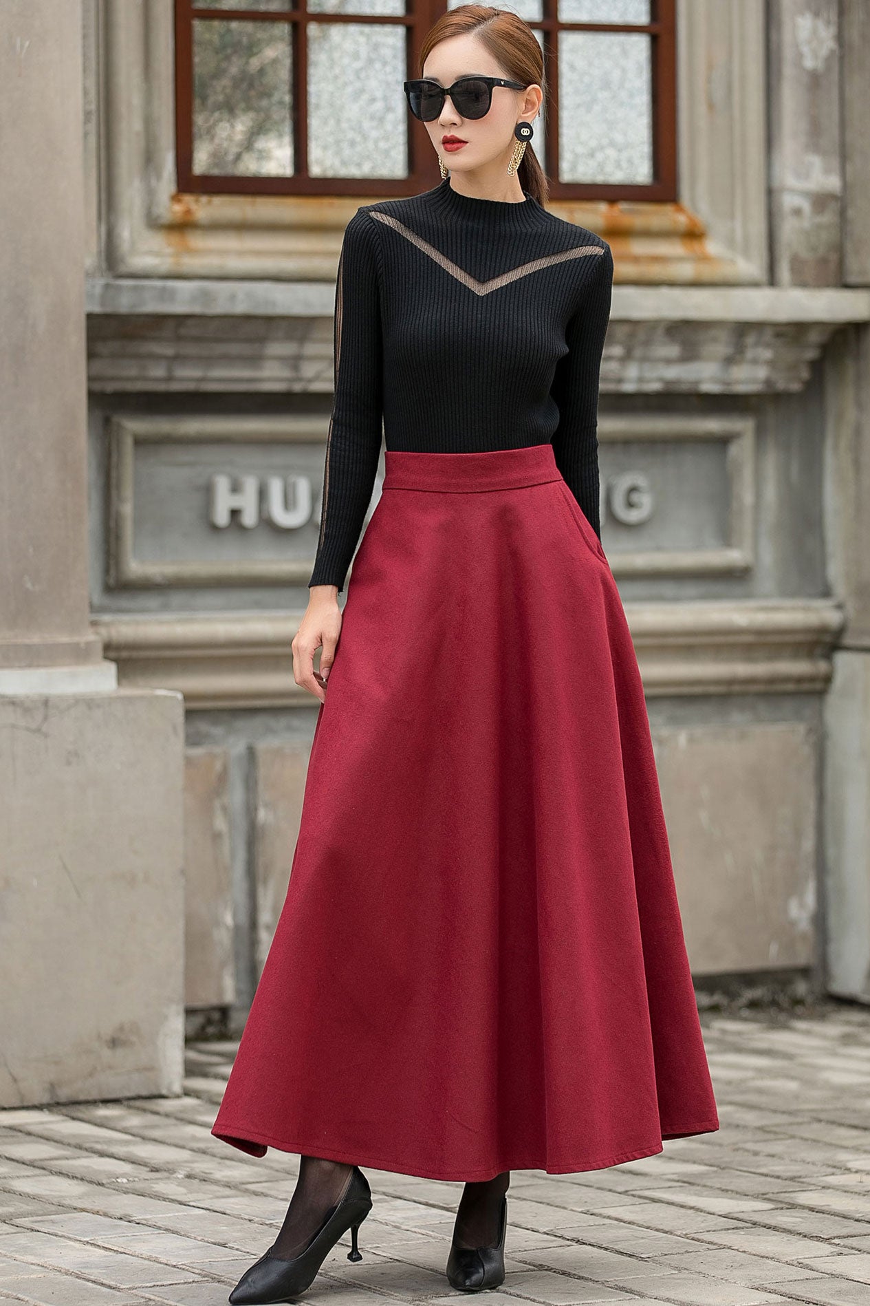 Vintage Inspired Burgundy Winter Maxi Wool Skirt 3150