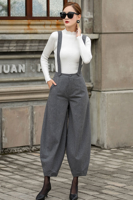 Gray Wool Suspender Pants - Wide Leg Ankle Length 3153
