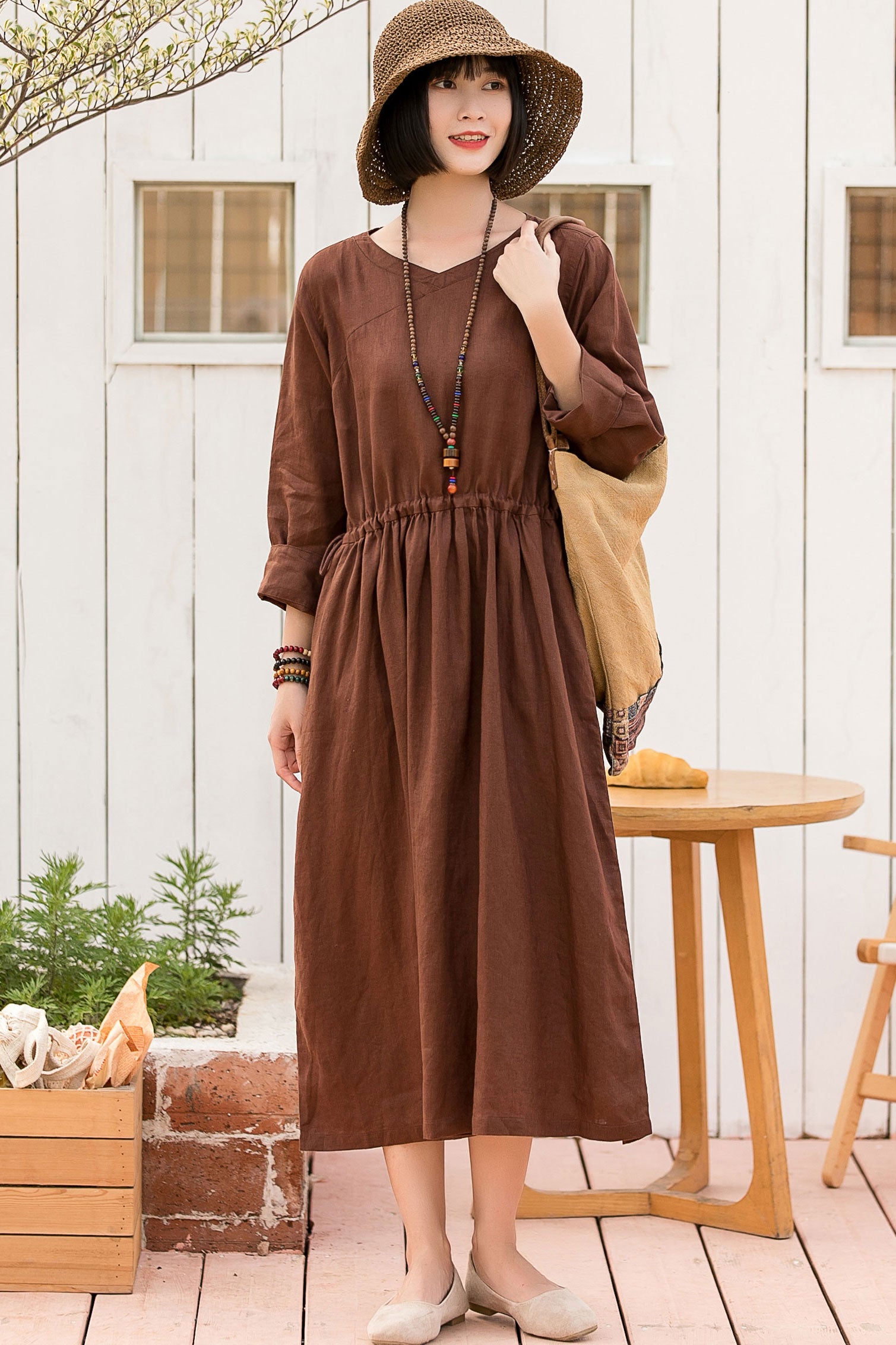 drawstring long sleeve loose linen midi dress 280101 Xiaolizi drawstring long sleeve loose linen midi dress 280101 Xiaolizi