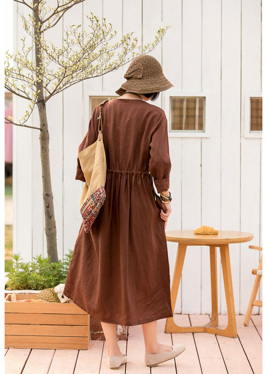Brown Cotton Linen Midi Dress - Drawstring Waist, V-Neck 2801