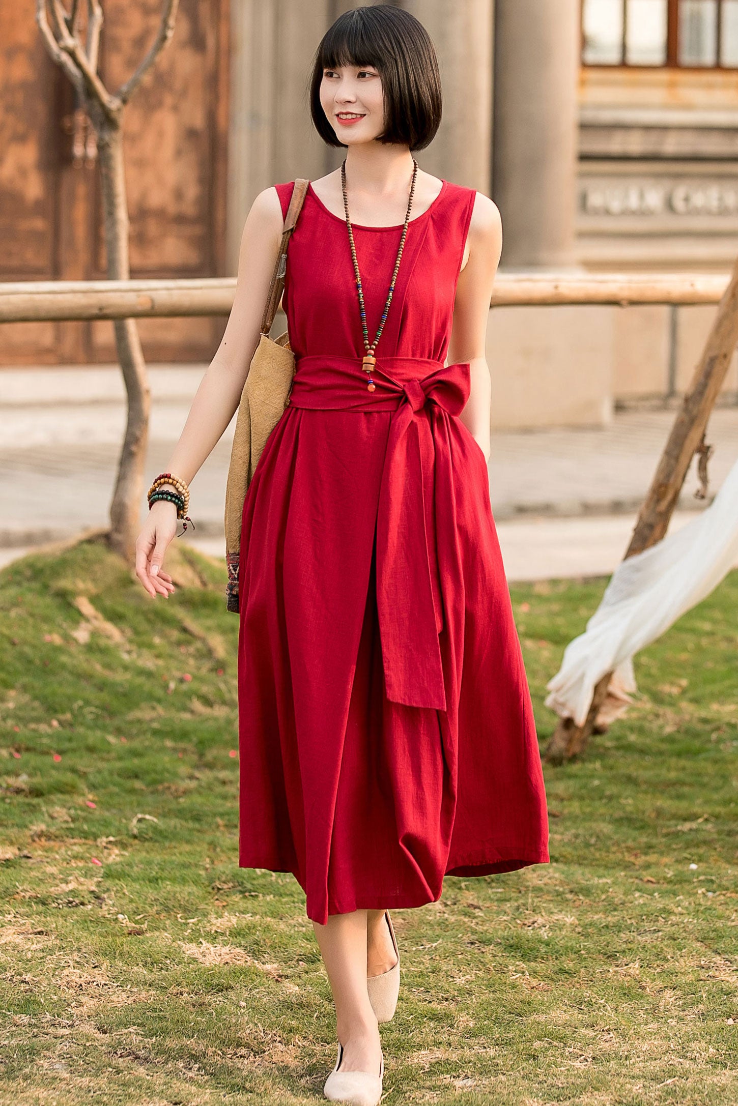 sleeveless pleated cotton linen dress with belt 2802 Xiaolizi sleeveless pleated cotton linen dress with belt 2802 Xiaolizi