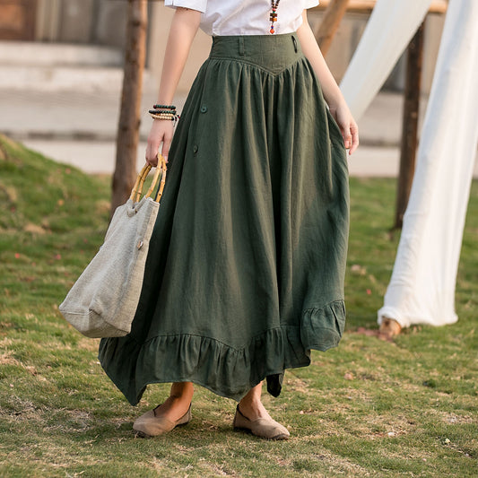 Green Linen Skirt - Asymmetrical Pleated High Waist Circle 2808