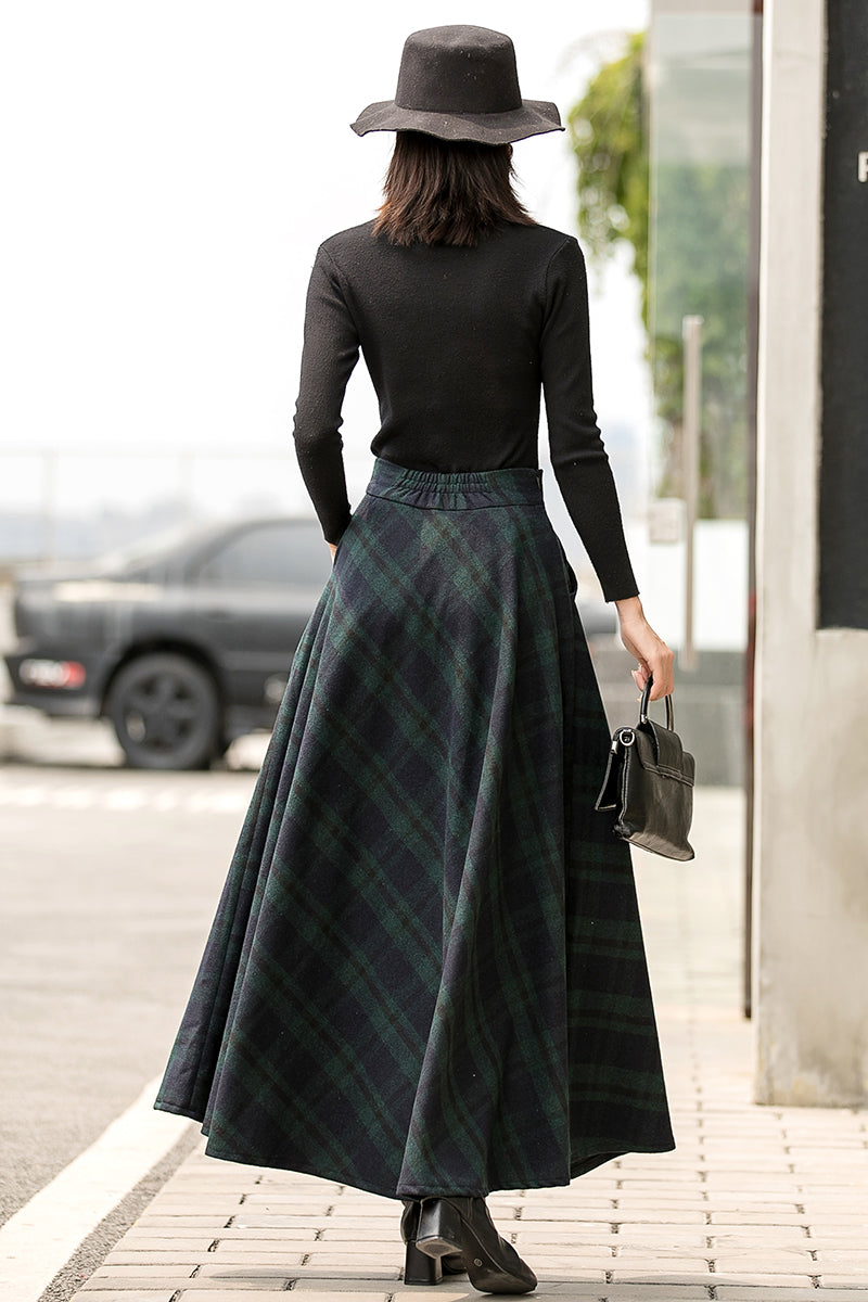 Dark Green Plaid Wool Maxi Skirt – Vintage High Waist Winter Skirt with Pockets 2836