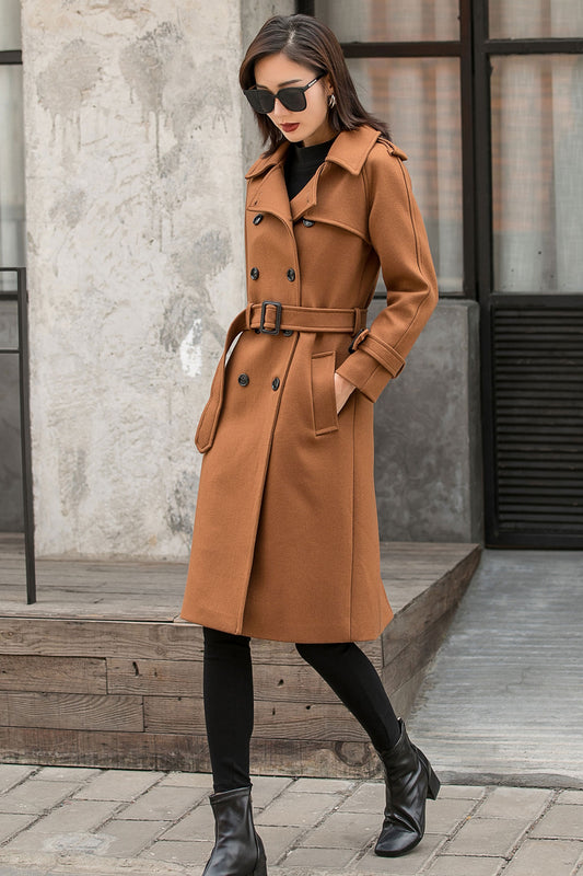 Double-breasted Camel Wool Military Coat Women 2840