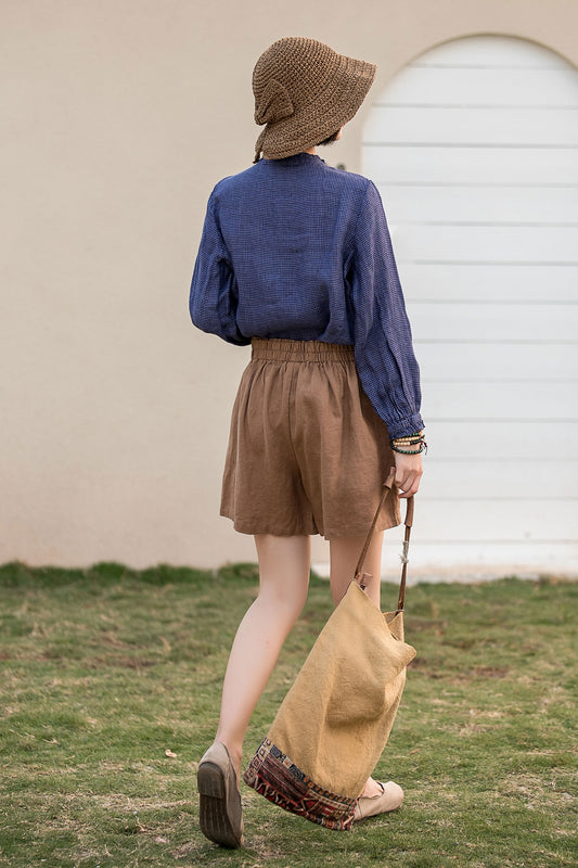 Linen Cotton Women Shorts - Wide Leg Elastic Waist | Xiaolizi 2814