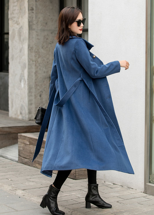 Blue Wool Maxi Coat - Single-Breasted Fit and Flare 2841