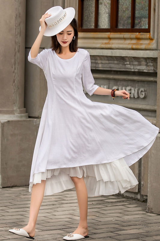 White Linen High-Low Midi Dress with Chiffon Hem 2850