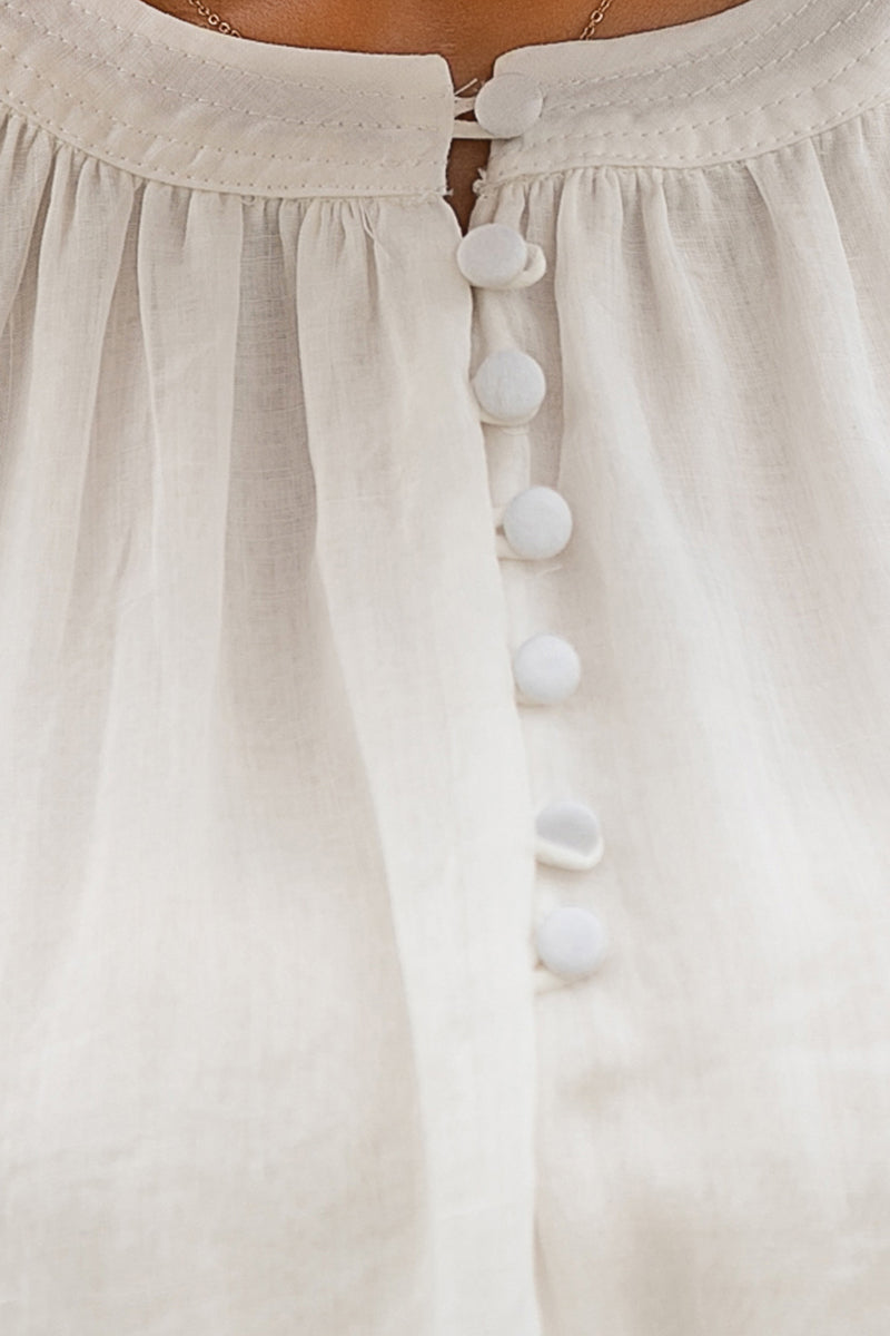 White Cotton Linen Women Retro Maxi Dress 2864