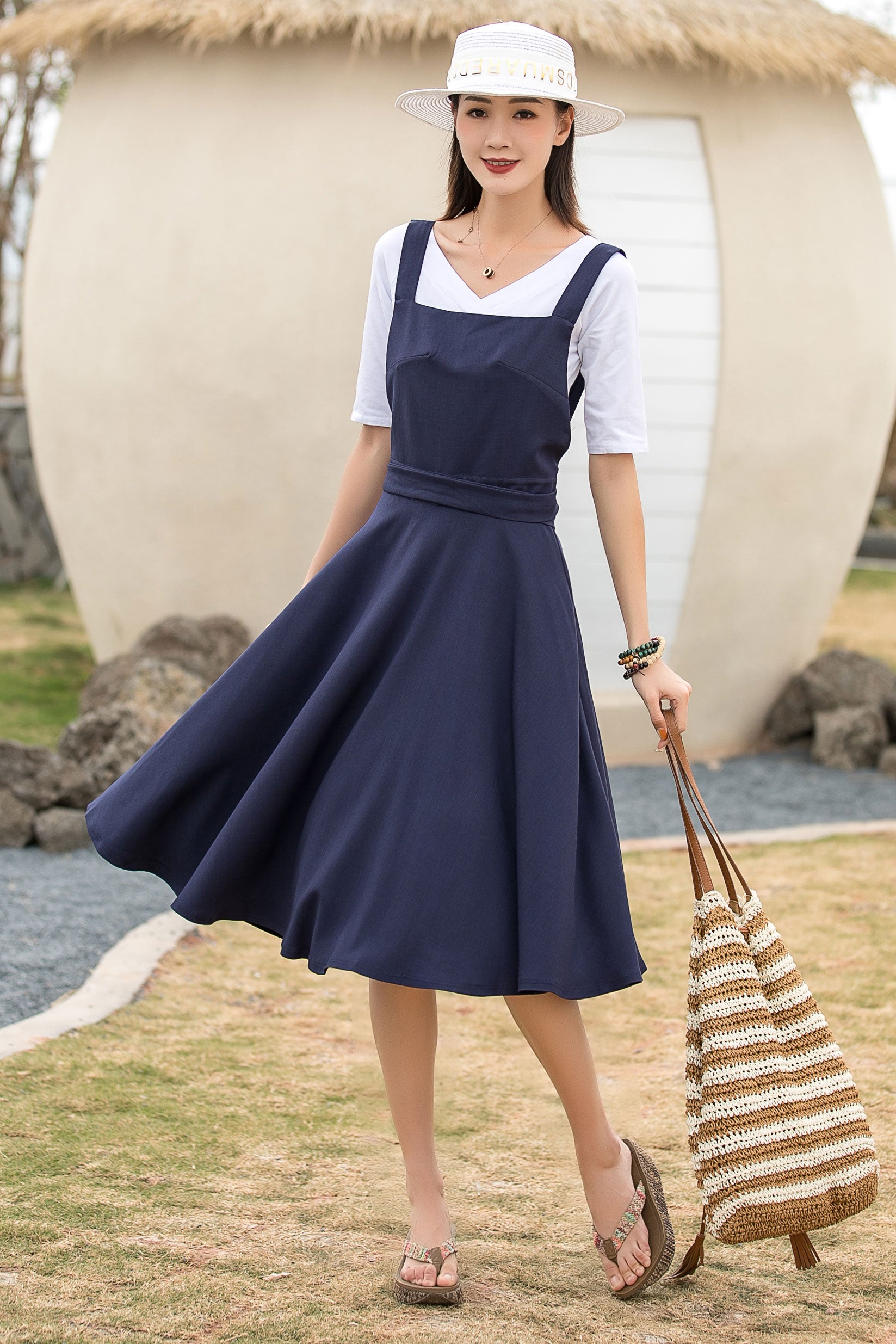 Navy pinafore fit and flare linen dress 2739 Navy pinafore fit and flare linen dress 2739