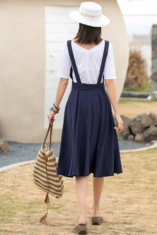 Navy Cotton Linen Pinafore Midi Dress - Fit and Flare Waist Detail 2739