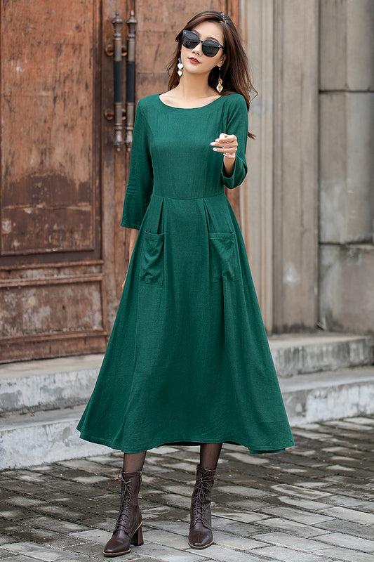 Green Linen Midi Swing Dress - 3/4 Sleeve with Pockets 3848