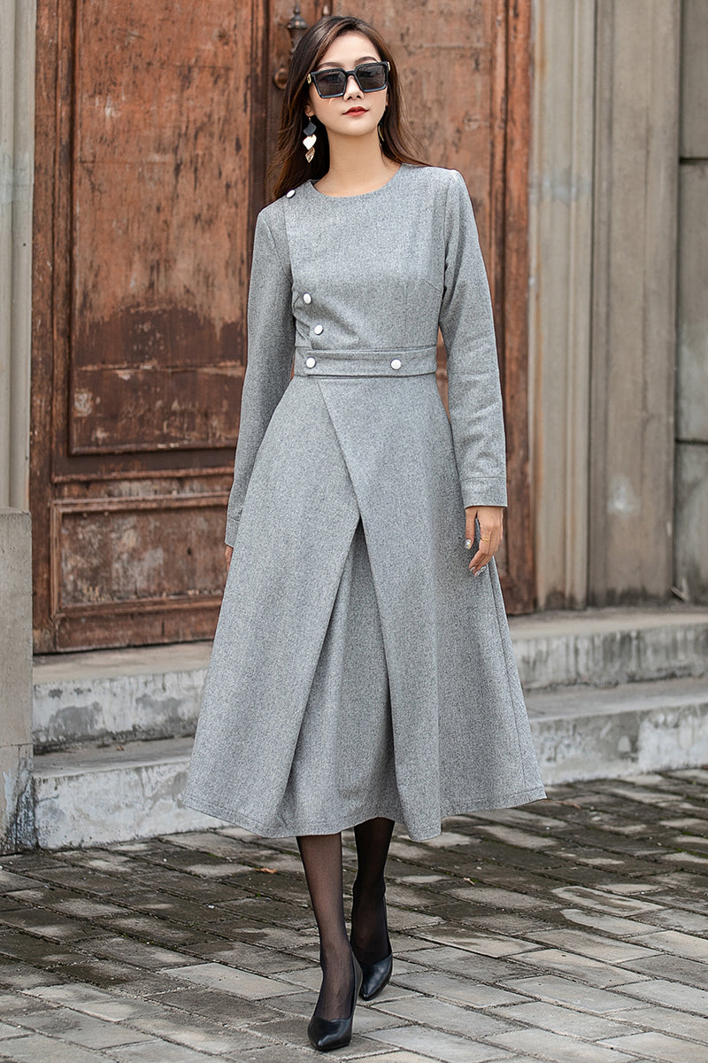 Grey Wool Midi Dress – Long Sleeve Elegant Winter Dress with Pockets 3849