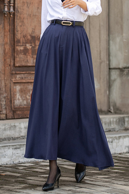 Navy Linen Blend Long A-Line Skirt - Elastic Waist, Side Pockets 3850