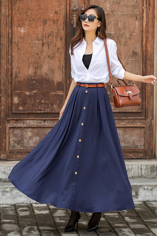 Navy Blue Linen Cotton Maxi Skirt - A-Line Silhouette with Button Detail 3851