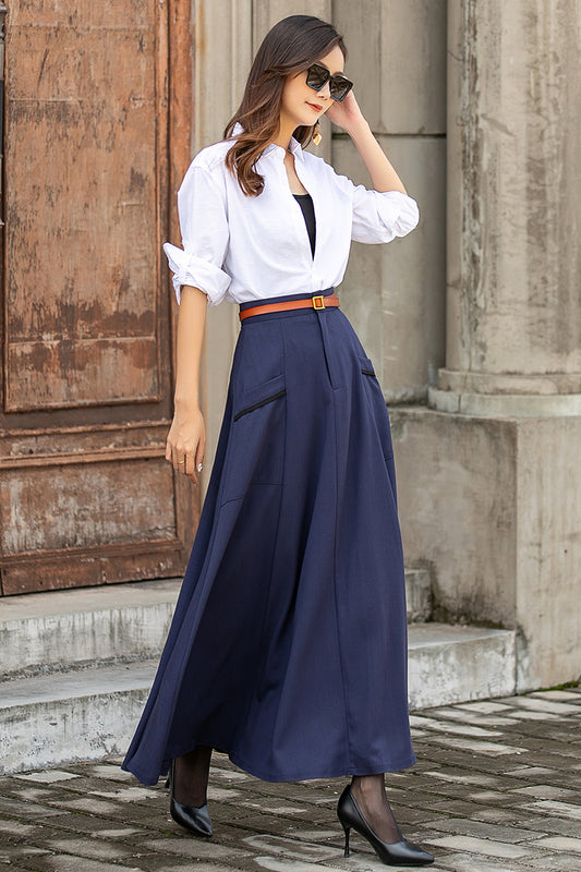 Navy Linen Cotton Long Skirt - Full, Elastic Waist with Side Pockets 3852