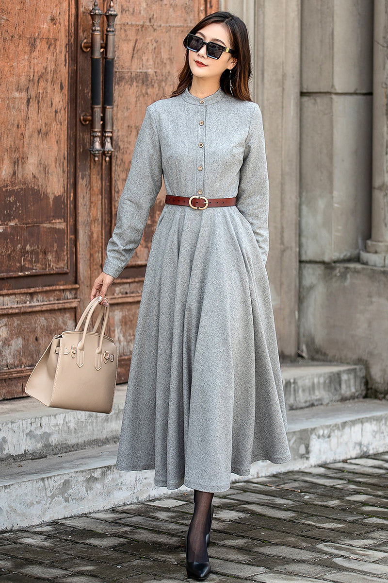 Autumn Winter Grey Long Wool Dress 3857 – XiaoLizi