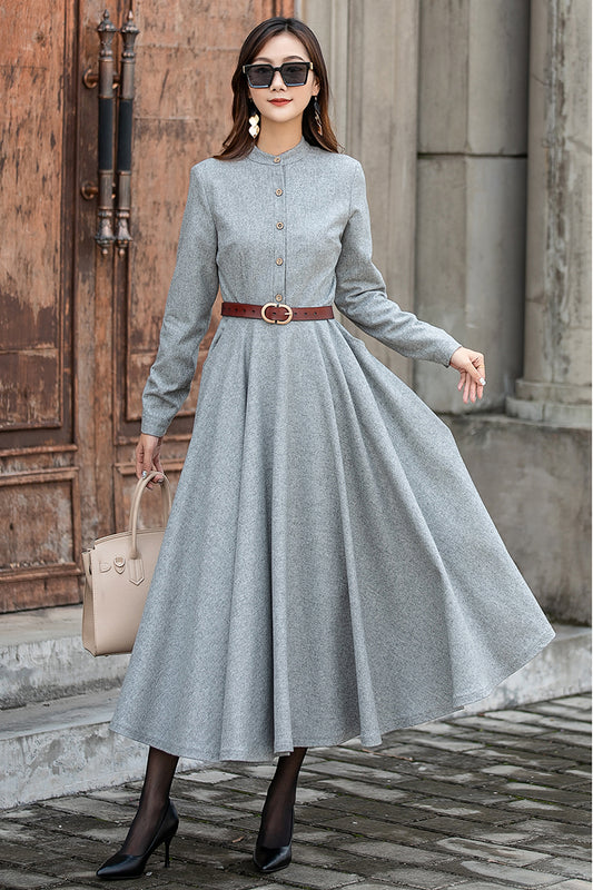Light Gray Wool Long Dress – Vintage Button Front Winter Midi Dress with Pockets 3857