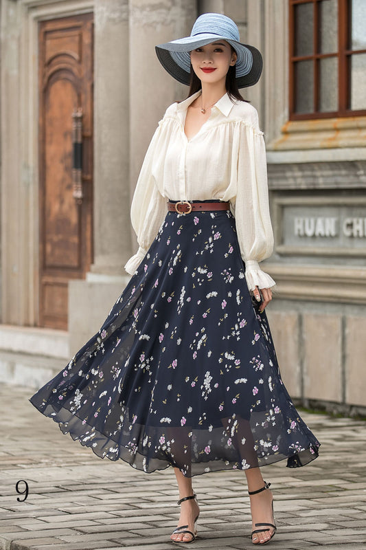 A Line Long Floral Print Chiffon Skirt 3020