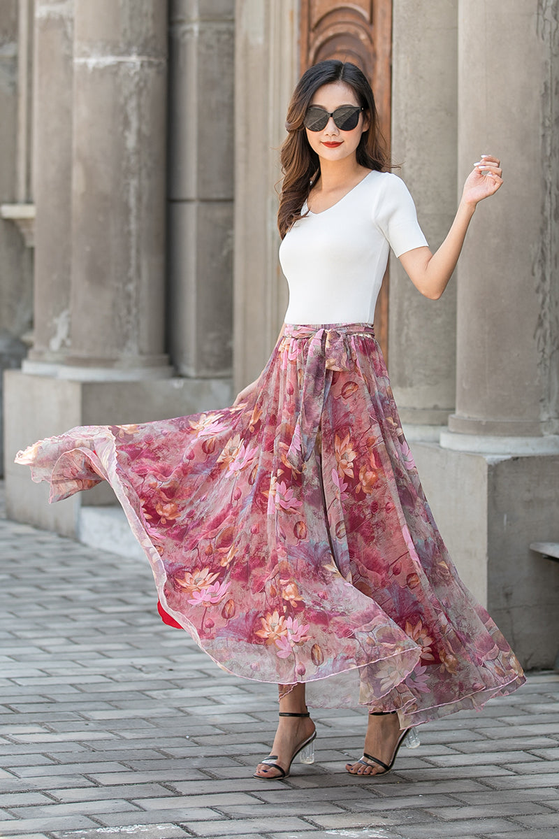 Summer Women Floral Chiffon Maxi Skirt 3429