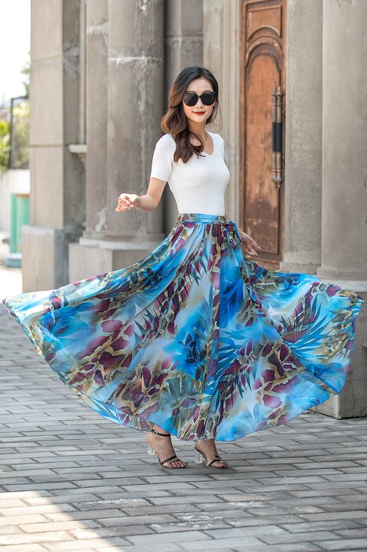 Blue Chiffon Maxi Skirt - Full Circle Swing with Belt 3430