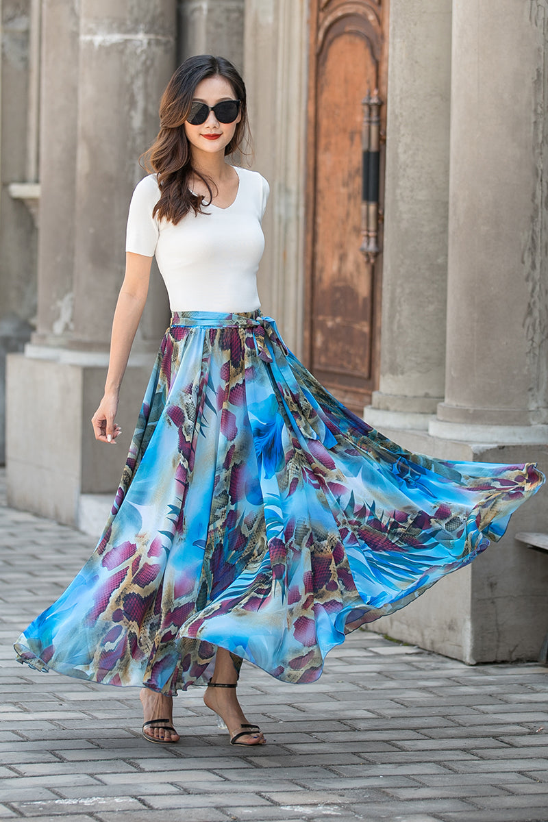 Blue Chiffon Maxi Skirt - Full Circle Swing with Belt 3430