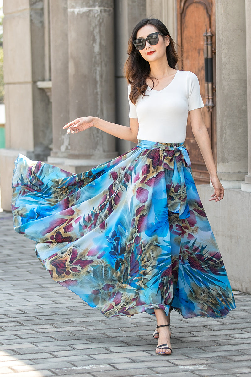 Elastic Waist Chiffon Plus Blue Floral Swing Maxi Skirt 3430#CK22 – XiaoLizi